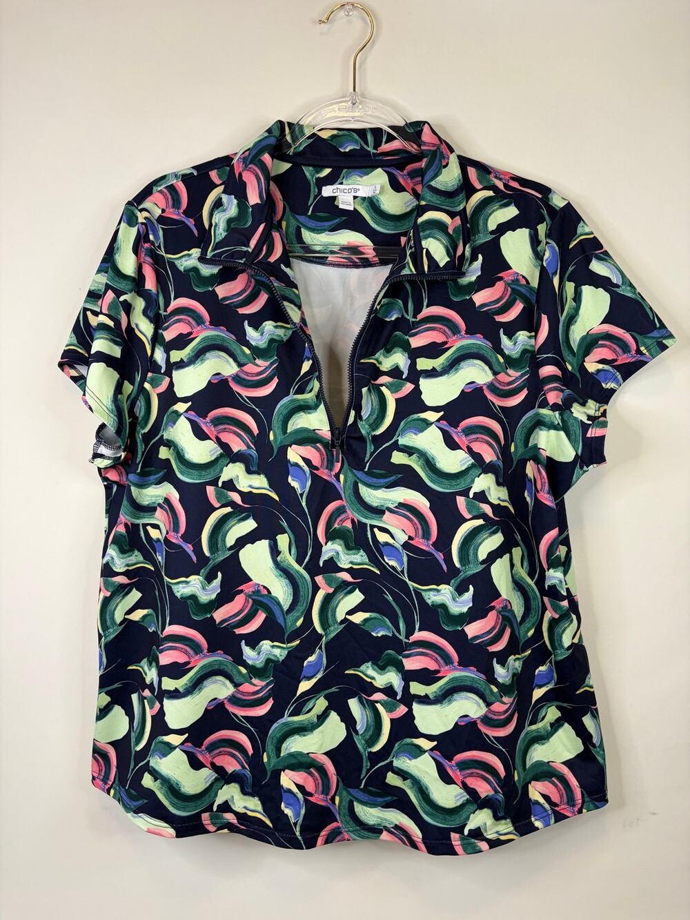 Chico's Zenergy UPF Blooms Half Zip Polo Shirt Size 3 US XL